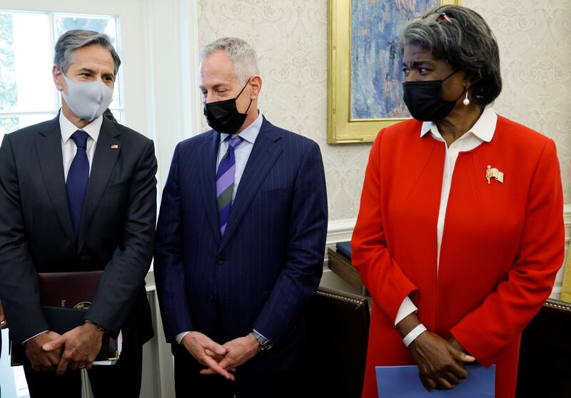 US Secretary of State Antony Blinken, Michael Ratney and US Ambassador to the UN Linda Thomas-Greenfield in the Oval Office at the White House on August 27, 2021. Reuters