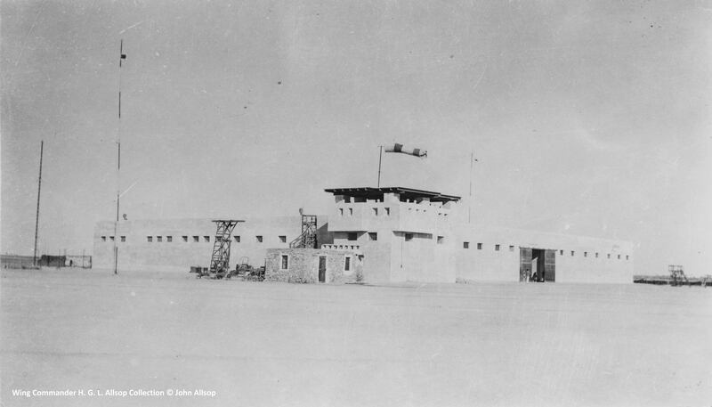 A windsock flying on top of the Sharjah Air Station control tower during the 1930s. Photo: Wing Commander H G L Allsop Collection © John Allsop / Sharjah Museums Authority