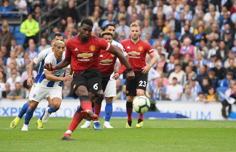 BRIGHTON, ENGLAND - AUGUST 19:  Paul Pogba of Manchester United scores his team's second goal from a penalty during the Premier League match between Brighton & Hove Albion and Manchester United at American Express Community Stadium on August 19, 2018 in Brighton, United Kingdom.  (Photo by Mike Hewitt/Getty Images)