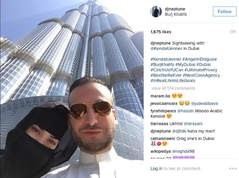A screenshot of DJ Neptune’s Instagram post showing Kendall Jenner in Dubai in front of the Burj Khalifa. 
