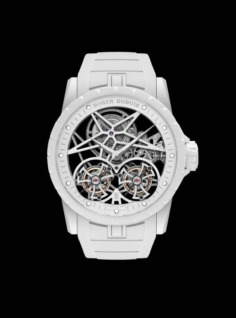 Excalibur Twofold: Never one to hold back, Roger Dubuis has unveiled the Excalibur Twofold, a double flying tourbillon housed within a 45 millimeter case crafted from Mineral Composite Fiber (MCF), an ultra-white composite material made of 99.95 per cent silica and developed specifically by Roger Dubuis. The kicker? The watch and strap are both luminescent at night.