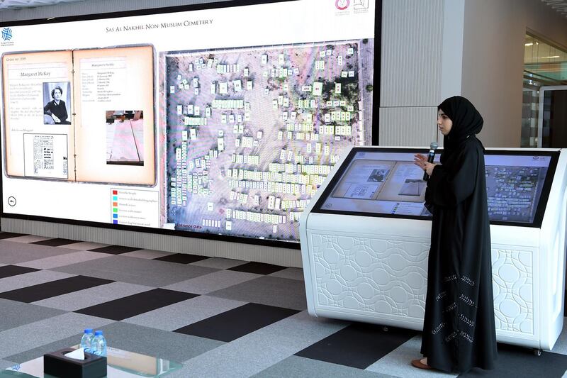 The touchscreen offering details of the residents buried at Sas Al Nakhl Non-Muslim Cemetery is revealed. Courtesy Khalifa University of Science and Technology