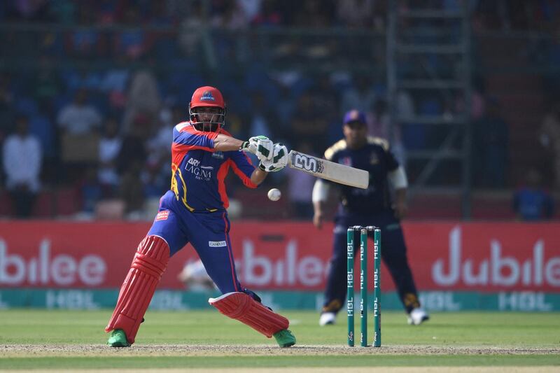 Karachi Kings Imad Wasim plays a shot during the Pakistan Super League (PSL) T20 cricket match between Karachi Kings and Quetta Gladiators in the National Cricket Stadium in Karachi on February 23, 2020. (Photo by Asif HASSAN / AFP)