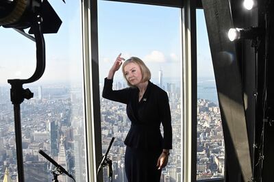 Liz Truss speaks to the media during a visit to the Empire State Building in New York. AP