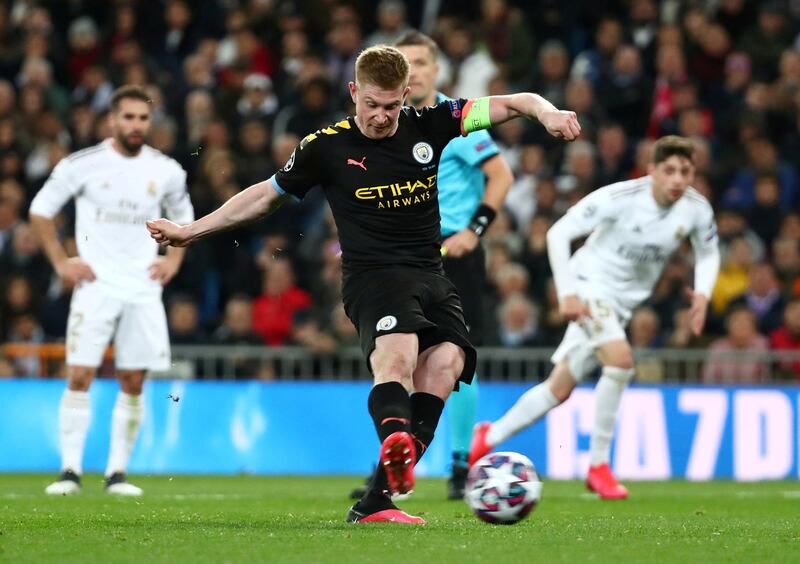 Manchester City's Kevin De Bruyne scores from the penalty spot. Reuters