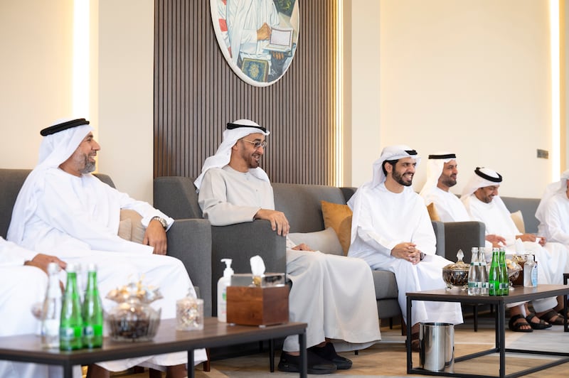 Sheikh Mohamed bin Zayed, Crown Prince of Abu Dhabi and Deputy Supreme Commander of the Armed Forces (2nd L), visits the home of Dr Omar Habtoor Al Derei, Director General of the UAE Fatwa Council (3rd L). Seen with Hamad Habtoor Al Derei (L) and Sheikh Mohammed bin Hamad bin Tahnoon, adviser for Special Affairs at the Ministry of Presidential Affairs (4th L) and other dignitaries. 
