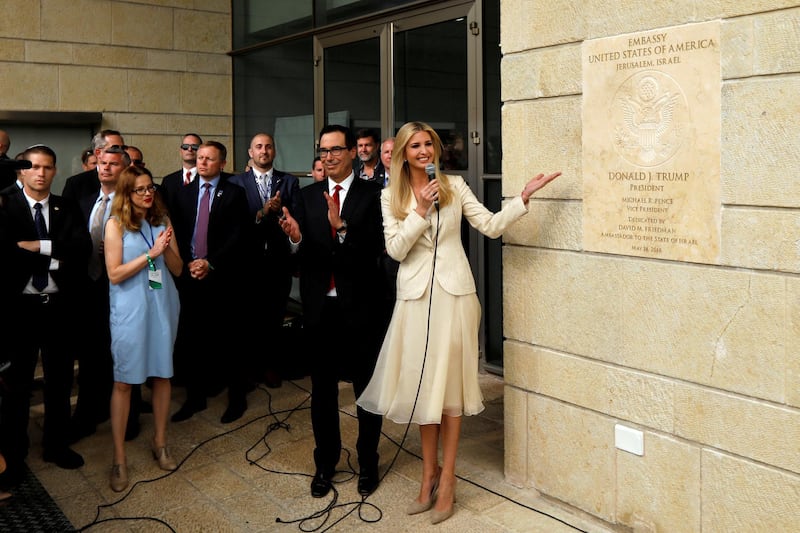 White House Senior Adviser Ivanka Trump and U.S. Treasury Secretary Steven Mnuchin attend the dedication ceremony of the new U.S. embassy in Jerusalem, May 14, 2018. REUTERS/Ronen Zvulun   SEARCH "ISRAEL-PALESTINIANS POY" FOR THIS STORY. SEARCH "REUTERS POY" FOR ALL BEST OF 2018 PACKAGES. TPX IMAGES OF THE DAY.