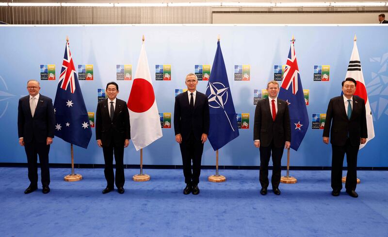 Nato Secretary General Jens Stoltenberg with leaders of Australia, Japan, New Zealand and South Korea in Vilnius, Lithuania earlier in the week. AFP