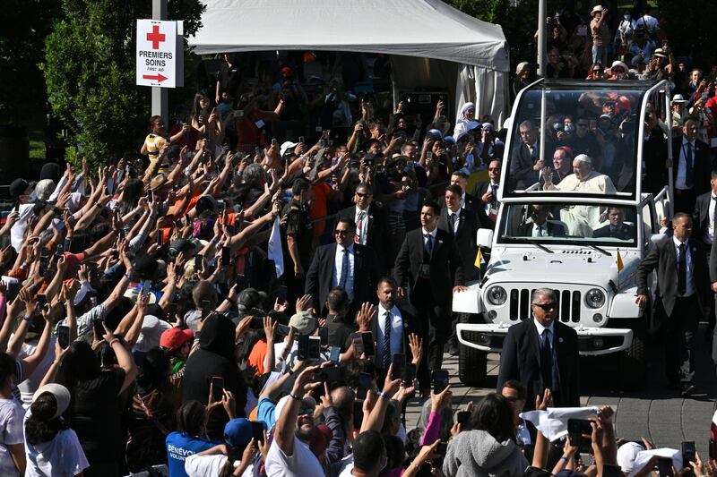Pope Francis greets the faithful upon his arrival at the National Shrine of Sainte-Anne-de-Beaupre. EPA