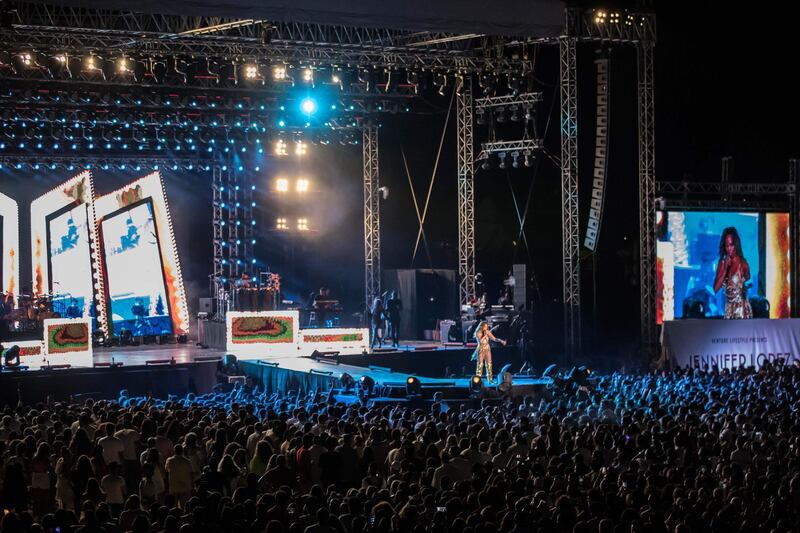 Jennifer Lopez performs on stage during her concert in the northern Egyptian coast town of El Alamein on August 9, 2019.  AFP