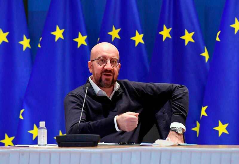 European Council President Charles Michel participates in a video conference with German Chancellor Angela Merkel at the European Council building in Brussels, Friday, March 5, 2021. (John Thys, Pool via AP)