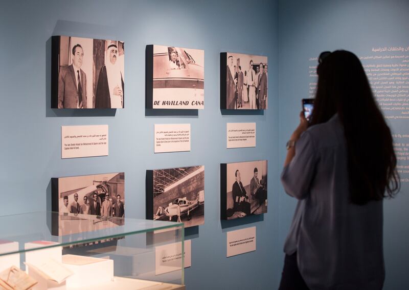 Exhibits, including photos, correspondence, and documents, highlight the history of Al Mahatta airport, the first aviation school.