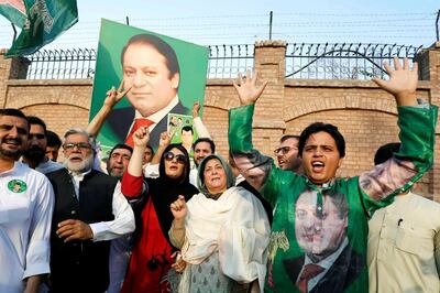 Supporters of former Prime Minister Nawaz Sharif react as they celebrate following the court's decision in Peshawar, Pakistan September 19, 2018. REUTERS/Fayaz Aziz