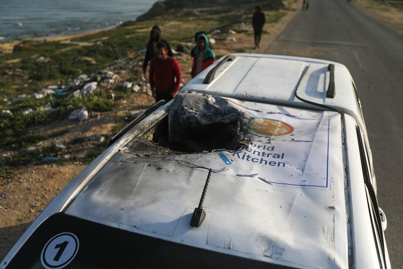 The three vehicles hit in the Israeli strikes in Deir Al Balah were each marked with the World Central Kitchen logo. AP