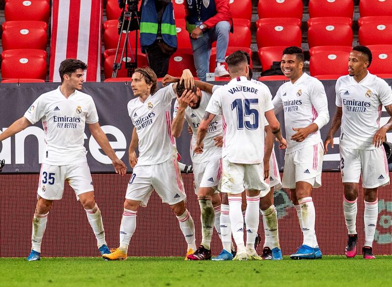 Real Madrid players celebrates Nacho Fernandez's goal. EPA