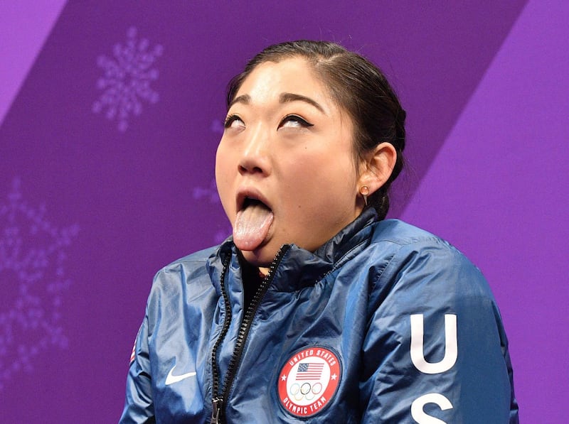Mirai Nagasu of the US reacts after her performance in the women's single skating short programme. Mladen Antonov / AFP Photo