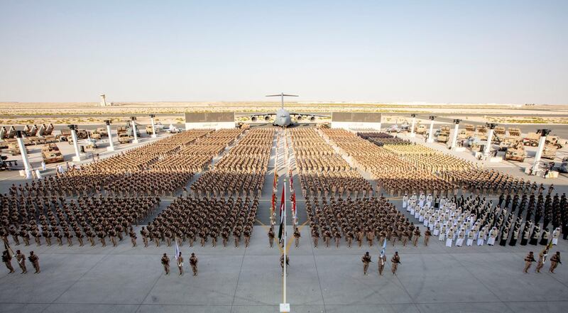 SWEIHAN, ABU DHABI, UNITED ARAB EMIRATES - February 09, 2020: Military personnel participate in a reception to celebrate and honor members of the UAE Armed Forces who served in the Arab coalition in Yemen, at Zayed Military City.

( Ministry of Presidential Affairs )
---