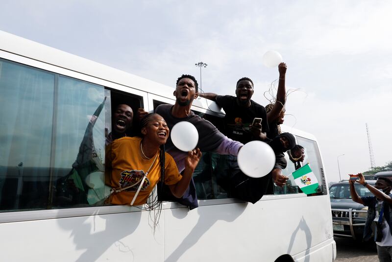 Demonstrators mark the first anniversary of the EndSARS protest in October 2020, which resulted in 10 protesters being shot dead at a tolling booth complex in the capital Lagos.  Reuters