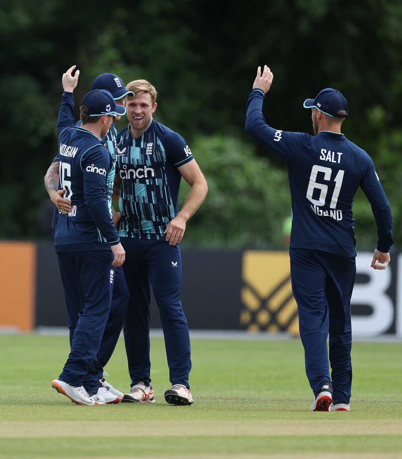 David Willey of England celebrates taking the wicket of Vikramjit Singh. Getty