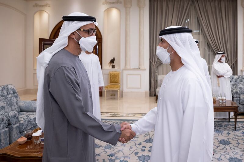 President Sheikh Mohamed receives condolences from Suhail Al Mazrouei, UAE Minister of Energy and Infrastructure, at Mushrif Palace in Abu Dhabi following the death of Sheikh Khalifa.