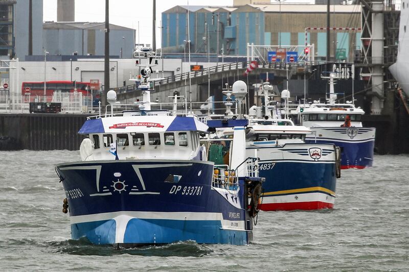 French fishing boats block the entrance of the Port of Calais. EPA