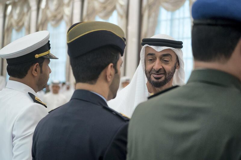 ABU DHABI, UNITED ARAB EMIRATES - June 11, 2018: HH Sheikh Mohamed bin Zayed Al Nahyan, Crown Prince of Abu Dhabi and Deputy Supreme Commander of the UAE Armed Forces (R) receives Joint Command and Staff College, and National Defense College graduates, during an iftar reception at Al Bateen Palace.
��(��Mohamed Al Hammadi / Crown Prince Court - Abu Dhabi )
---