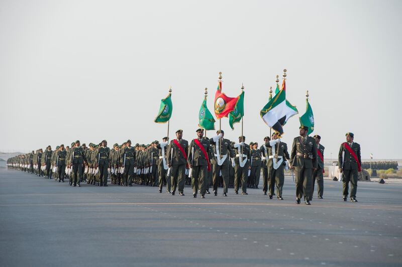 ZAYED MILITARY CITY, ABU DHABI, UNITED ARAB EMIRATES - November 28, 2017: Cadets march during he graduation ceremony of the 8th cohort of National Service recruits and the 6th cohort of National Service volunteers at Zayed Military City. 

( Hamad Al Mansouri for the Crown Prince Court - Abu Dhabi )
---