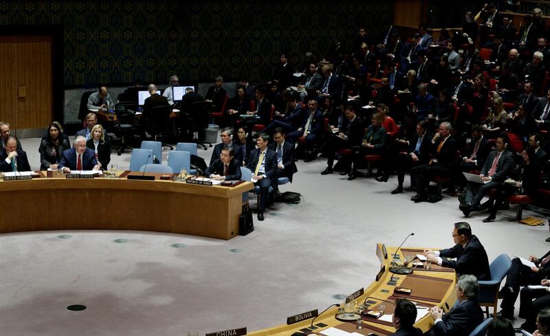 epaselect epa06391769 United States Secretary of State Rex Tillerson (2-L) addresses a United Nations Security Council meeting about the international response to North Korea's nuclear weapons program while North Korean Ambassador the UN Ja Song Nam (R), listens at United Nations headquarters in New York, New York, USA, 15 December 2017. Also pictured is South Korean Vice Foreign Minister Cho Hyun (C) and Mark Field (L), United Kingdom's Minister of State for Asia and the Pacific  EPA/JUSTIN LANE