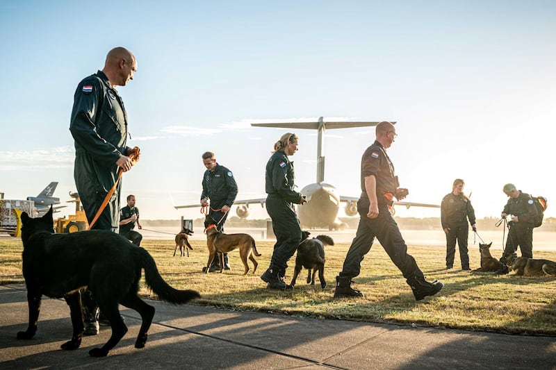 Members of the Dutch Urban Search and Rescue (USAR) rescue team before their departure to Lebanon at Eindhoven Air Base in The Netherlands.  EPA