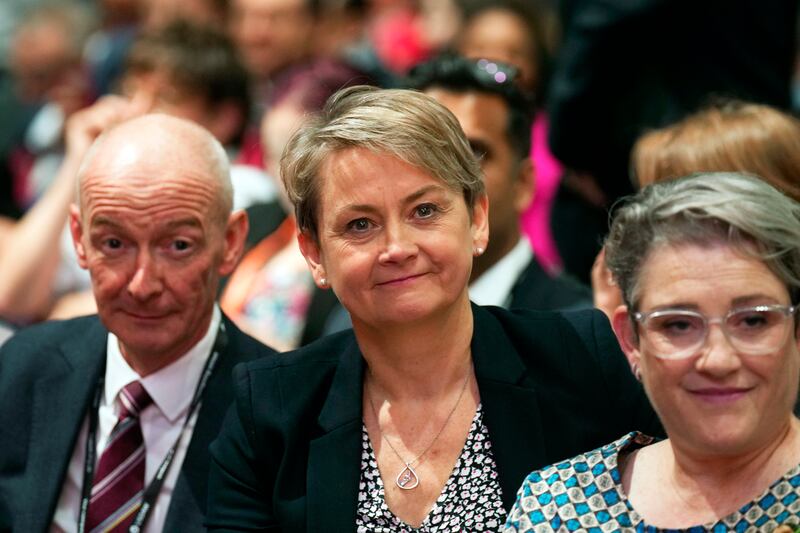Pat McFadden, left, shadow chancellor of the Duchy of Lancaster and national campaign co-ordinator, and Yvette Cooper, shadow home secretary, listen to the opening speeches. Getty Images