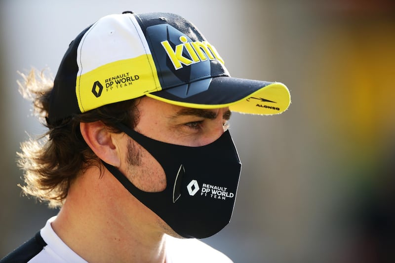 BAHRAIN, BAHRAIN - DECEMBER 04: Fernando Alonso of Spain and Renault Sport F1 talks to the media in the Paddock before practice ahead of the F1 Grand Prix of Sakhir at Bahrain International Circuit on December 04, 2020 in Bahrain, Bahrain. (Photo by Peter Fox/Getty Images)