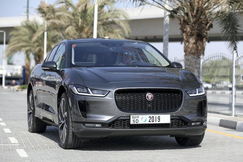 Dubai, United Arab Emirates - October 15, 2019: A Jaguar I Pace autonomous vehicle takes people on a drive to show driverless cars at work at the Dubai World Congress for Self-Driving Transport. Tuesday the 15th of October 2019. World Trade centre, Dubai. Chris Whiteoak / The National