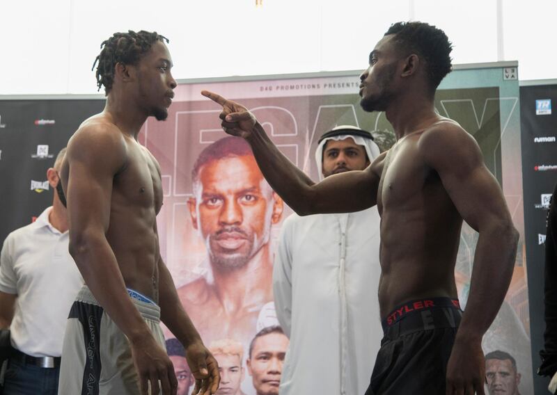Dubai, United Arab Emirates - Tension between Keyshawn Davis (USA) and  Richman Ashelley (Ghana) at their weigh-in at Leva Hotel, Sheikh Zayed Road.  Leslie Pableo for The National for Amith Pasella's story