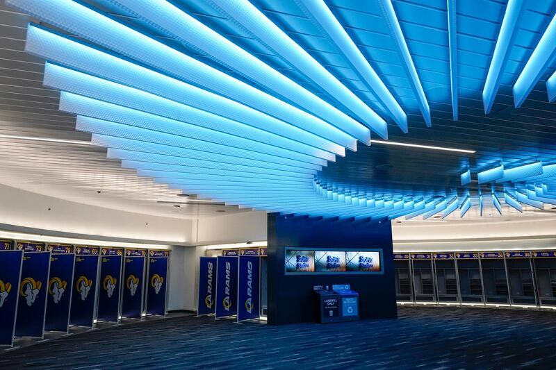 Los Angeles Rams' locker room is inside SoFi Stadium, the future home for the Rams and the Los Angeles Chargers. AP