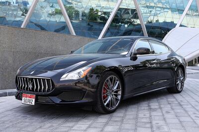 ABU DHABI , UNITED ARAB EMIRATES – June 10 , 2017 : Exterior shot of the Maserati Quattroporte GTS GranSport in Abu Dhabi.  ( Pawan Singh / The National ) For Weekend. Story by Adam Workman. ID No :- 49768 *** Local Caption ***  PS1006- MASERATI CAR04.jpg