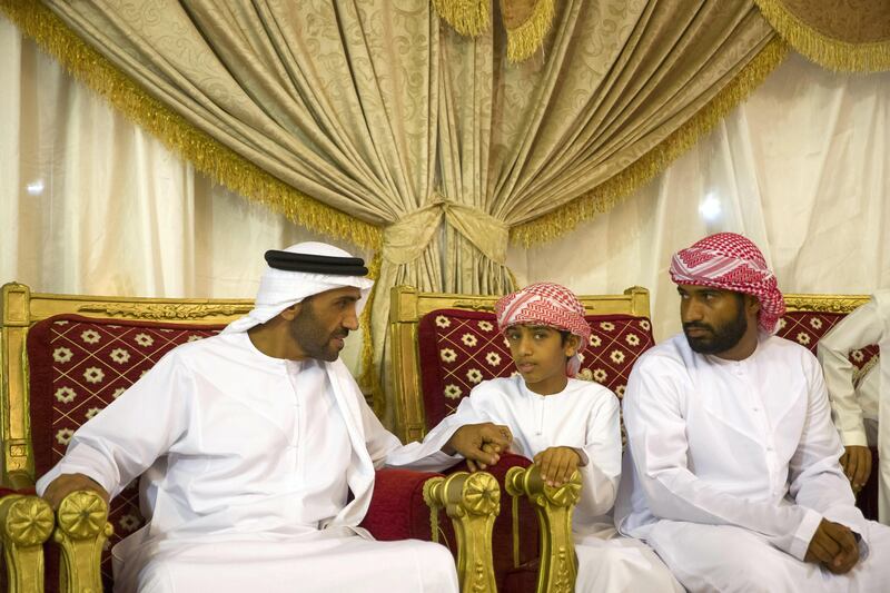 FUJAIRAH, UNITED ARAB EMIRATES - August 13, 2017: HH Sheikh Nahyan Bin Zayed Al Nahyan, Chairman of the Board of Trustees of Zayed bin Sultan Al Nahyan Charitable and Humanitarian Foundation (L), offers condolences to the family of martyr Mohamed Rashed Al Hassani, who passed away while serving with the UAE Armed Forces in Yemen.

( Mohamed Al Hammadi / Crown Prince Court - Abu Dhabi )
---