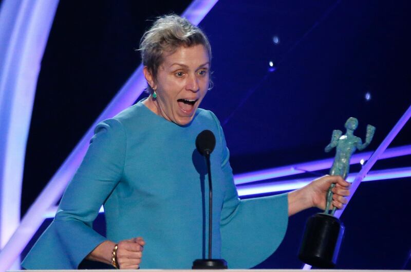 24th Screen Actors Guild Awards – Show – Los Angeles, California, U.S., 21/01/2018 – Frances McDormand accepts the award for Outstanding Performance by a Female Actor in a Leading Role for "Three Billboards Outside Ebbing, Missouri." REUTERS/Mario Anzuoni