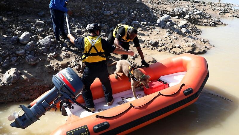 Search and rescue teams look for the body of a man who went missing in a flash flood last Saturday. Courtesy RAK Police