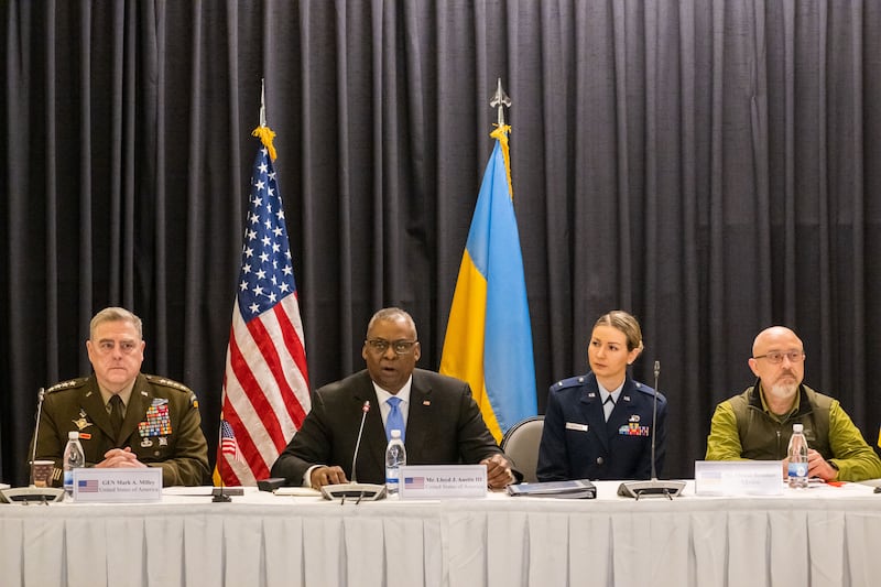 US Chairman of the Joint Chiefs of Staff Gen Mark Milley, left, US Secretary of Defence Lloyd Austin, second left, and Ukrainian Minister of Defence Oleksii Reznikov, right, attend the Ukraine Security Consultative Group meeting at Ramstein airbase in Ramstein-Miesenbach, Germany.  Getty Images