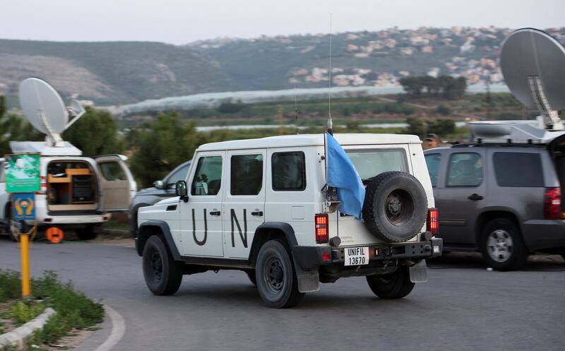 A UN peacekeeper vehicle drives in Qlaileh in southern Lebanon. Reuters