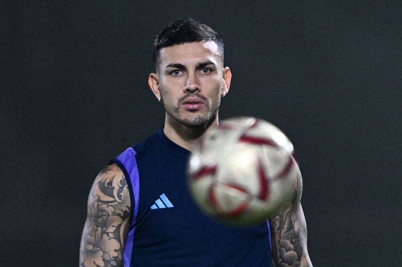 Midfielder Leandro Paredes takes part in a training session at Qatar University. AFP