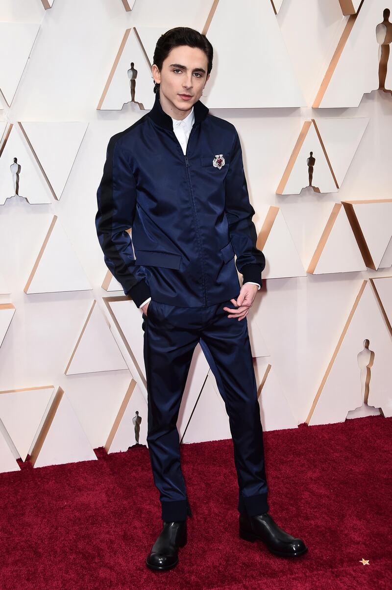 Timothee Chalamet, wearing Prada, arrives at the Oscars on Sunday, February 9, 2020, at the Dolby Theatre in Los Angeles. AP