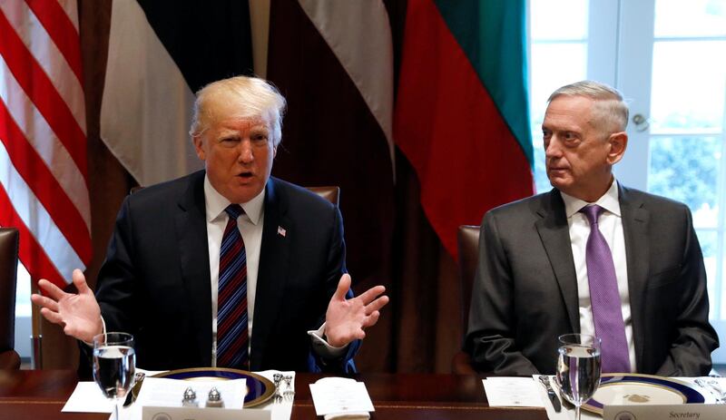 With U.S. Secretary of Defense James Mattis at his side, U.S. President Donald Trump speaks during the Baltic Summit at the White House in Washington, D.C., U.S., April 3, 2018. REUTERS/Kevin Lamarque