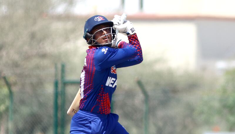 Sundeep Jora of Nepal plays a shot against UAE.
