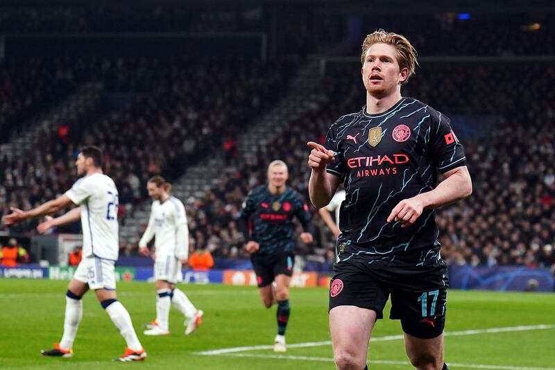Kevin De Bruyne celebrates after scoring Manchester City's first goal during the Uefa Champions League last-16 first leg match against Copenhagen at the Parken Stadium on Tuesday February 13, 2024. PA