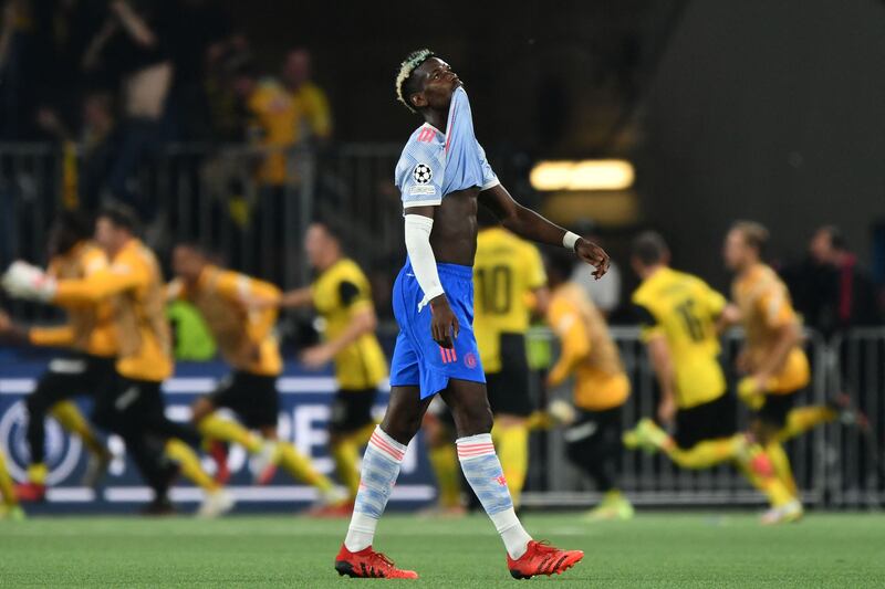 Paul Pogba reacts during Manchester United's 2-1 defeat to Young Boys in Bern in the Champions League group stages in 2021. AFP