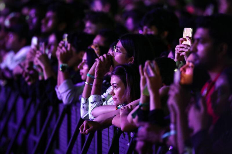 Abu Dhabi, United Arab Emirates - November 30th, 2019: The audience watches Lana Del Rey perform at the F1 concert. Saturday, November 30th, 2019. Du Arena, Abu Dhabi. Chris Whiteoak / The National