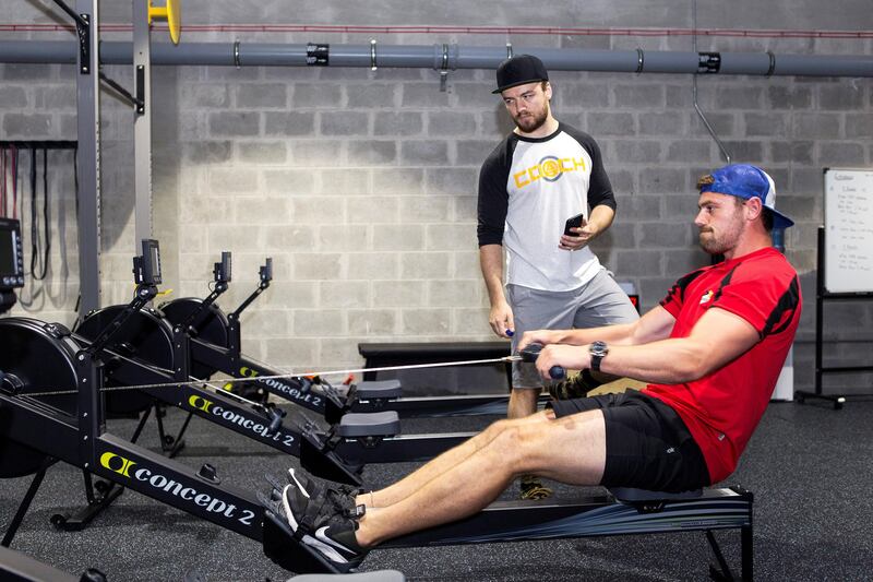 ABU DHABI, UNITED ARAB EMIRATES, 9 AUGUST 2017. 

 Steve Hamilton, Abu Dhabi Saracens player, training ahead of the new season, at Arena Fitness gym.

(Photo by Reem Mohammed / The National)

Reporter: Paul Radley
Section: Sports