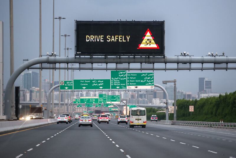Warning signs on the roads in central Abu Dhabi. Victor Besa / The National