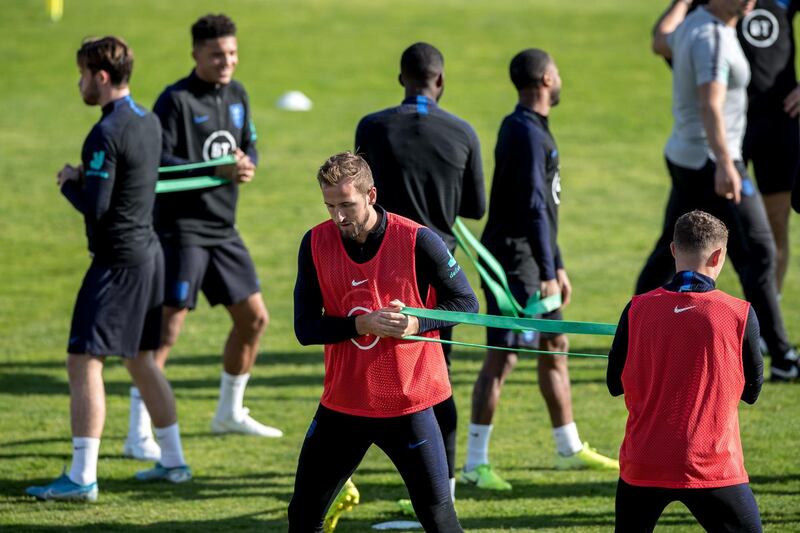 England's players training in Prague ahead of their Euro 2020 Group A qualifying soccer match against Bulgaria in Sofia on Monday. EPA